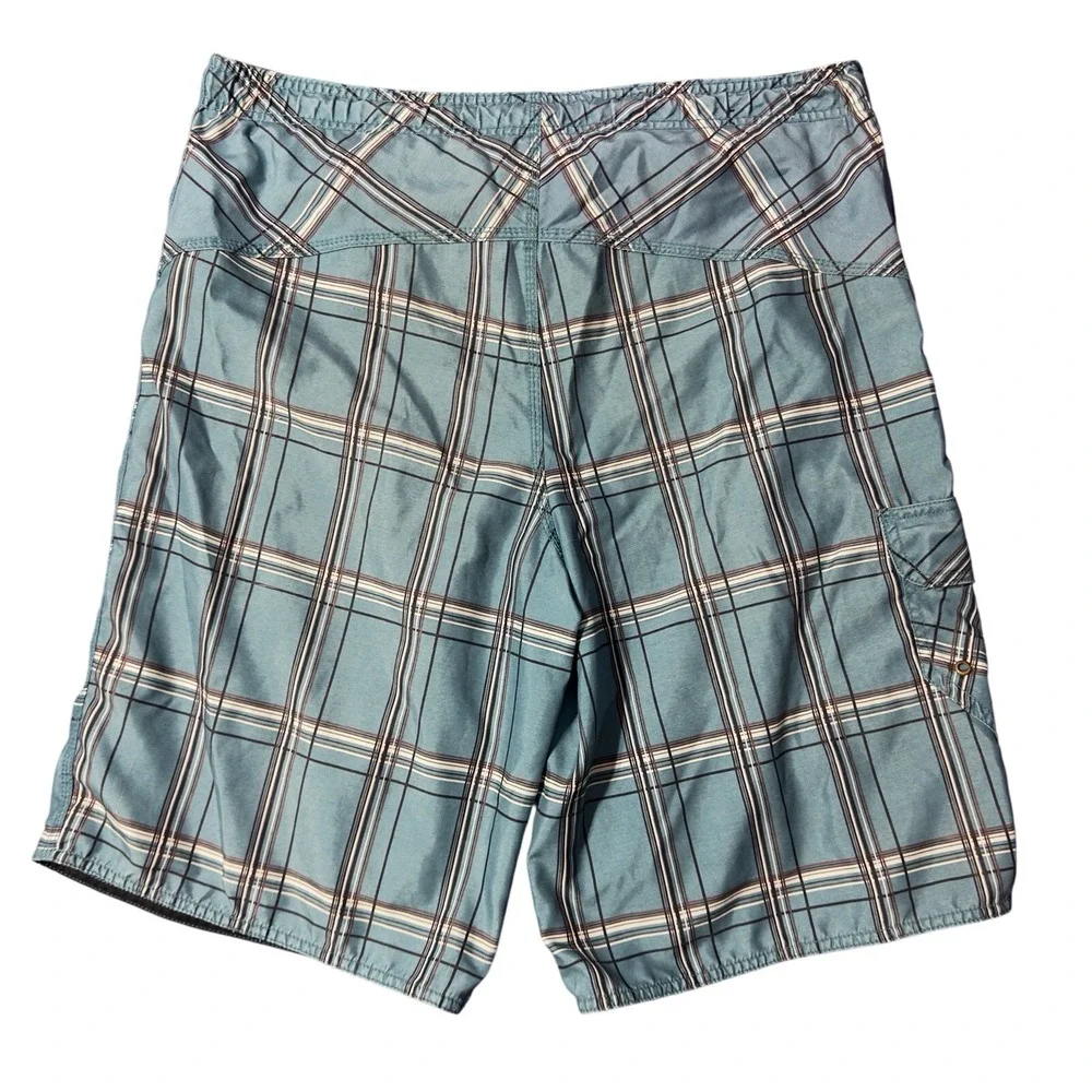 Burnside Board Shorts Mens Medium Blue Plaid Swim Trunks Cargo Pocket Drawstring